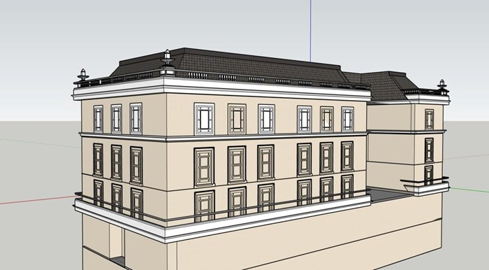 3D model — rear elevation showing the full four-storey building